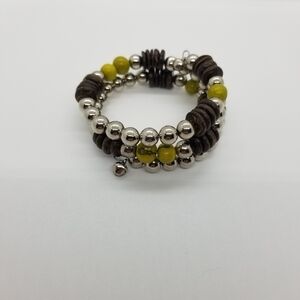 beaded coil wrap bracelet silver brown yellow-green